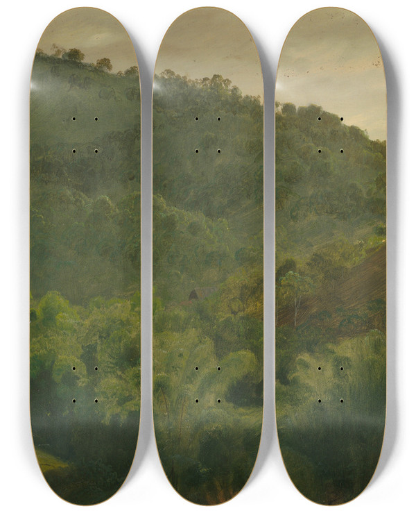 Triptych art skateboard deck of Frederic Edwin Church Landscape From Jamaica West Indies by Frederic Edwin Church (1826-1900)