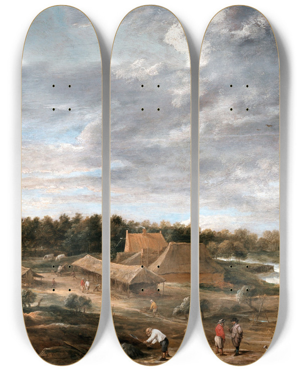 Triptych art skateboard deck of David Teniers The Younger Brickmakers Near Hemiksem by David Teniers The Younger (1610-1690)