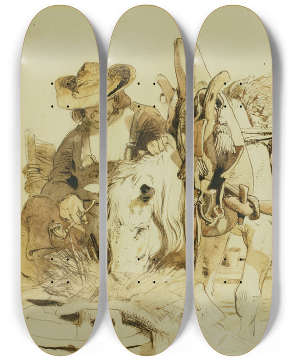 Triptych art skateboard deck of Sir Edwin Henry Landseer A Farmer Feeding His Pony In Geneva by Sir Edwin Henry Landseer (1802-1873)