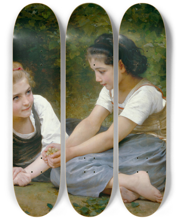 Triptych art skateboard deck of William Bouguereau The Nut Gatherers by William Bouguereau (1825-1905)