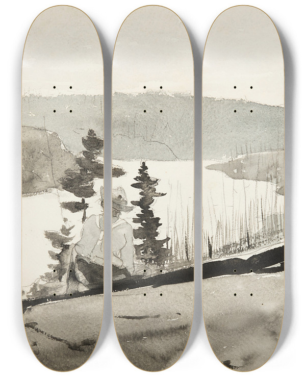Triptych art skateboard deck of Winslow Homer Mountain River Or Lake by Winslow Homer (1836-1910)