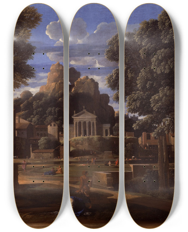 Triptych art skateboard deck of Nicolas Poussin Landscape With The Ashes Of Phocion by Nicolas Poussin (1594-1665)