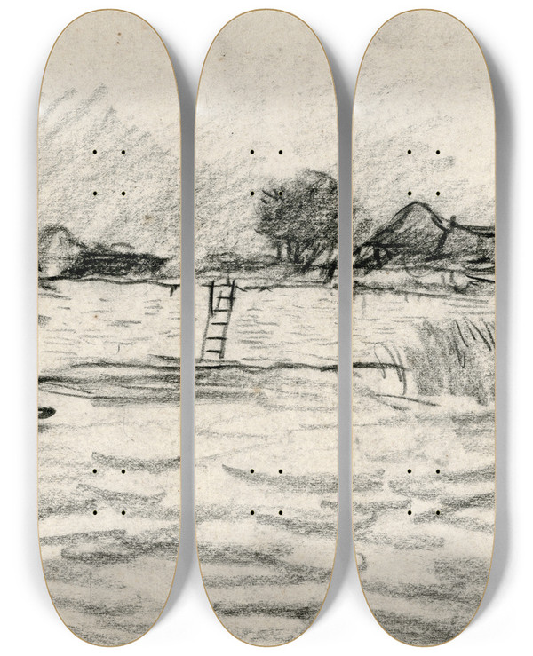 Triptych art skateboard deck of Adolf Le Comte Roeibootje Op Een Meer by Adolf Le Comte (1850-1921)