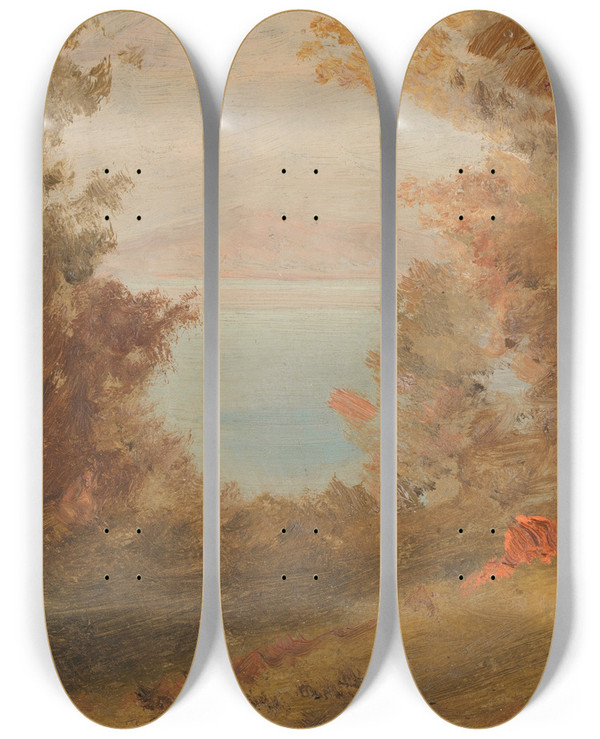 Triptych art skateboard deck of Frederic Edwin Church Woodland Scene In Autumn Hudson New York Or Maine by Frederic Edwin Church (1826-1900)