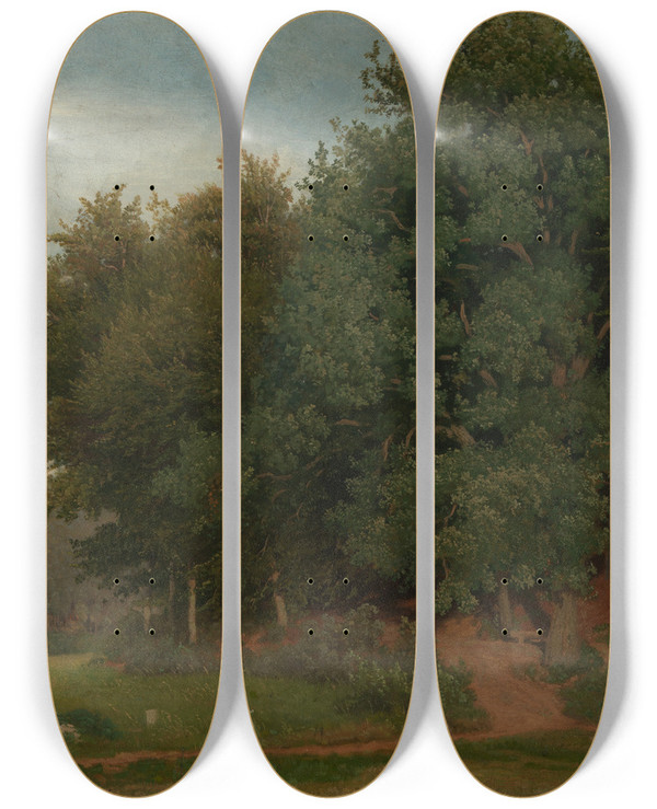Triptych art skateboard deck of Emil Lugo Am Waldrand by Emil Lugo (1840-1902)