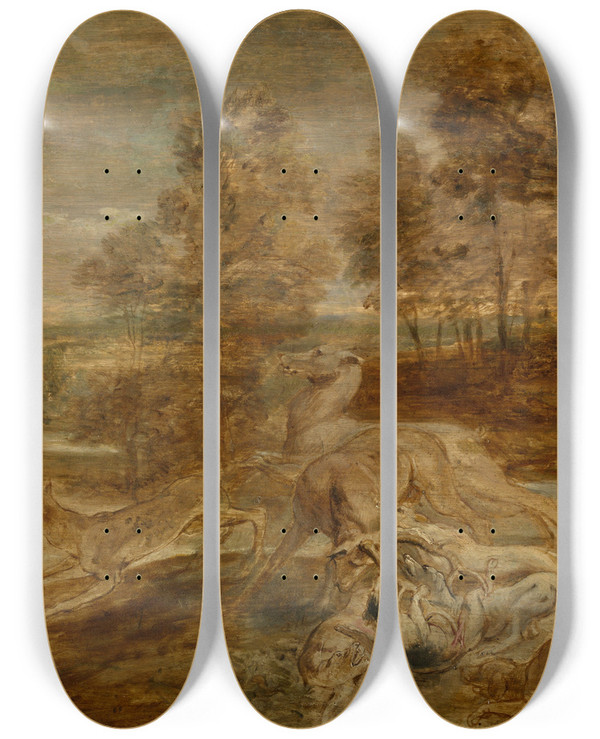 Triptych art skateboard deck of Peter Paul Rubens The Deer Hunt by Peter Paul Rubens (1577-1640)