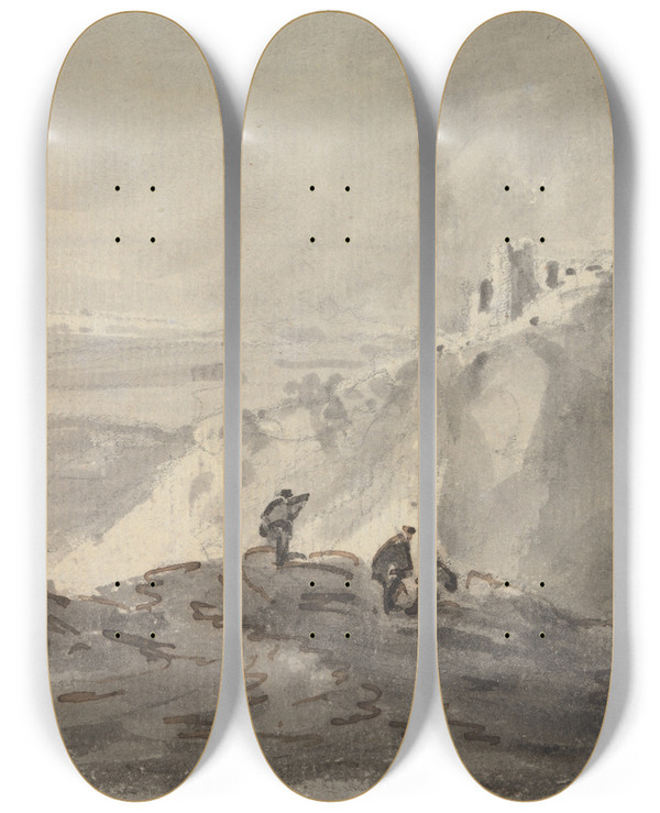 Triptych art skateboard deck of William Gilpin Three Figures In A Hilly Landscape With Ruins Beyond by William Gilpin (1724-1804)
