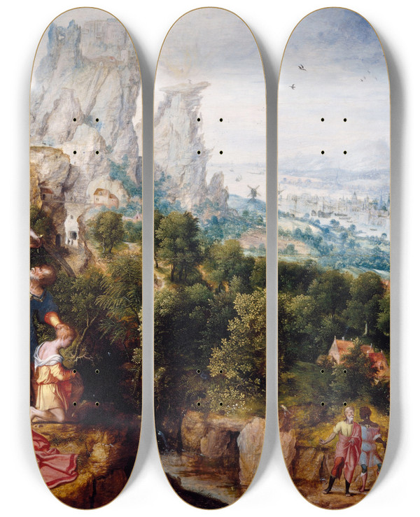 Triptych art skateboard deck of Herri Met De Bles Landscape With The Offering Of Isaac by Herri met de Bles (1510-1572)