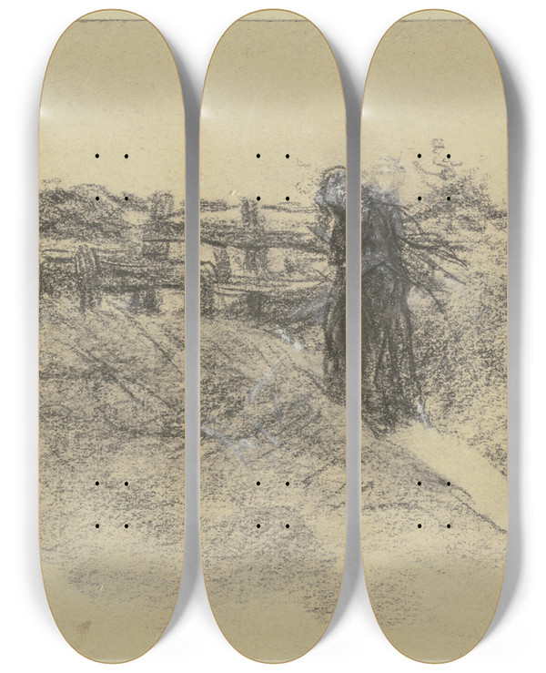 Triptych art skateboard deck of Max Liebermann Woman With A Bundle Of Brushwood by Max Liebermann (1847-1935)