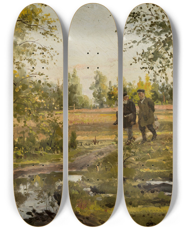 Triptych art skateboard deck of Wodzimierz J Makowski In A Birch Forest by Wlodzimierz J Makowski (1846-1920)