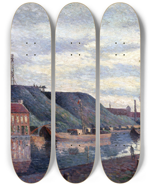 Triptych art skateboard deck of Maximilien Luce Les Terrils De Sacr Madame by Maximilien Luce (1858-1941)