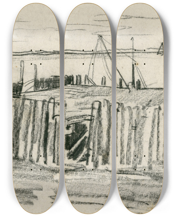 Triptych art skateboard deck of Adolf Le Comte Aanlegsteiger Te Veere by Adolf Le Comte (1850-1921)