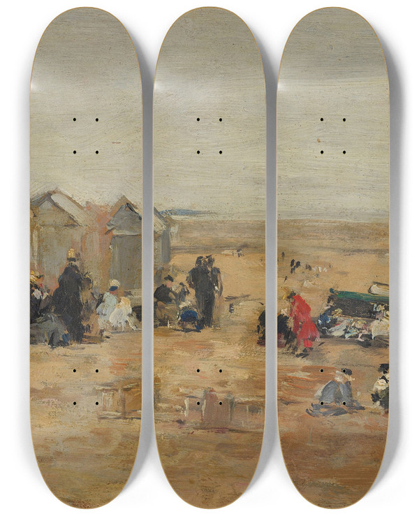 Triptych art skateboard deck of Eugne Boudin Deauville Scne De Plage by Eugene Boudin (1824-1898)
