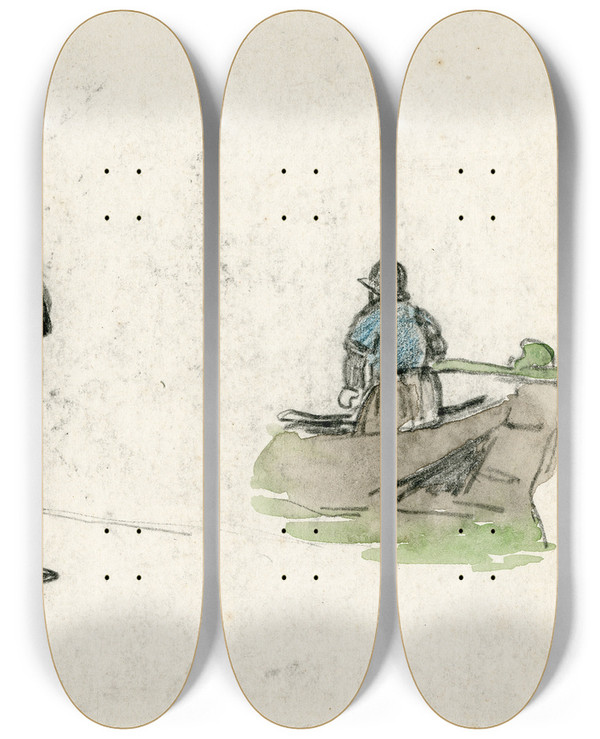 Triptych art skateboard deck of Adolf Le Comte Staande Man Visser Aan Het Roer by Adolf Le Comte (1850-1921)