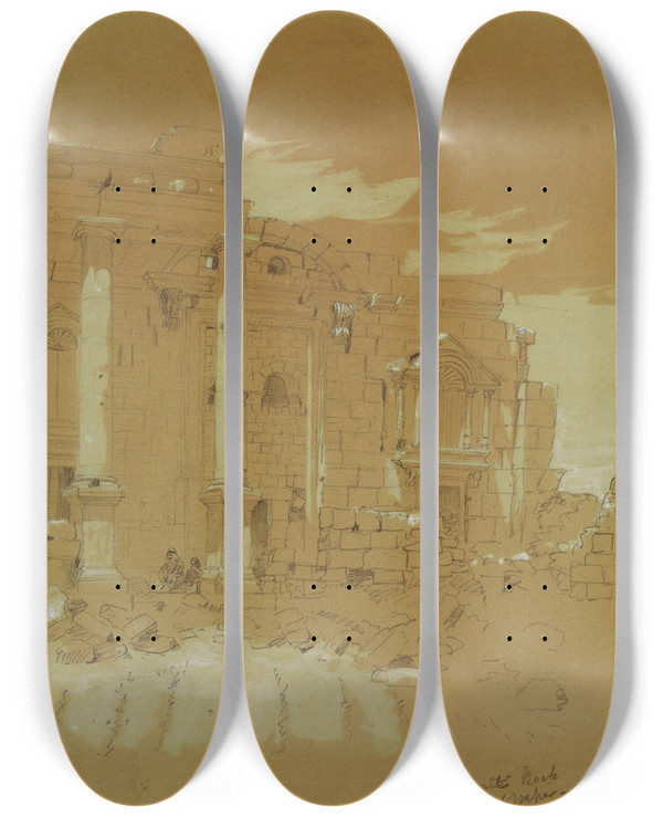 Triptych art skateboard deck of Frederic Edwin Church Temple At Mismiyeh Syria by Frederic Edwin Church (1826-1900)