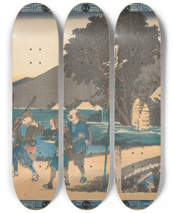Triptych art skateboard deck of And Hiroshige Three Ronin On Road by Ando Hiroshige (1797-1858)