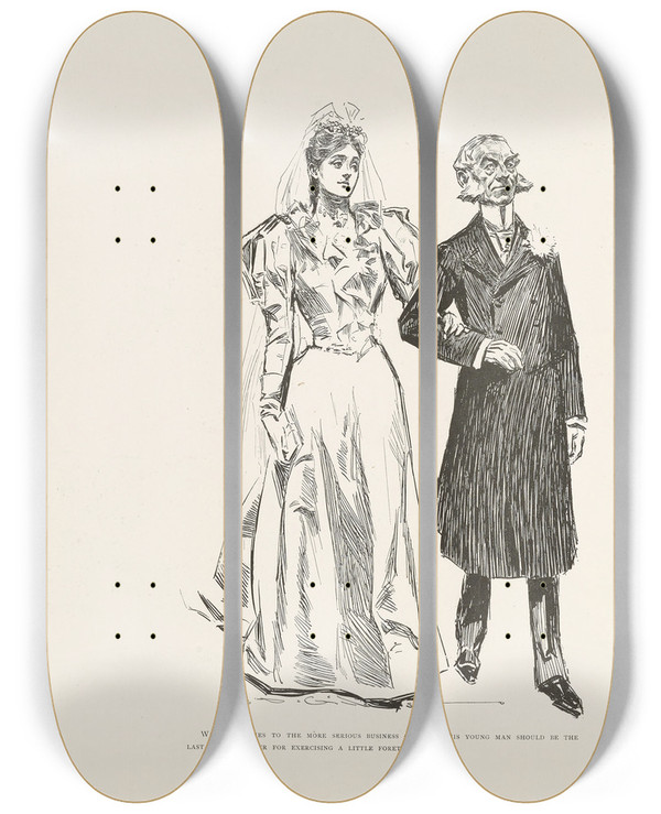 Triptych art skateboard deck of Charles Dana Gibson There Is No Harm In A Summer Flirtation_1 by Charles Dana Gibson (1867-1944)