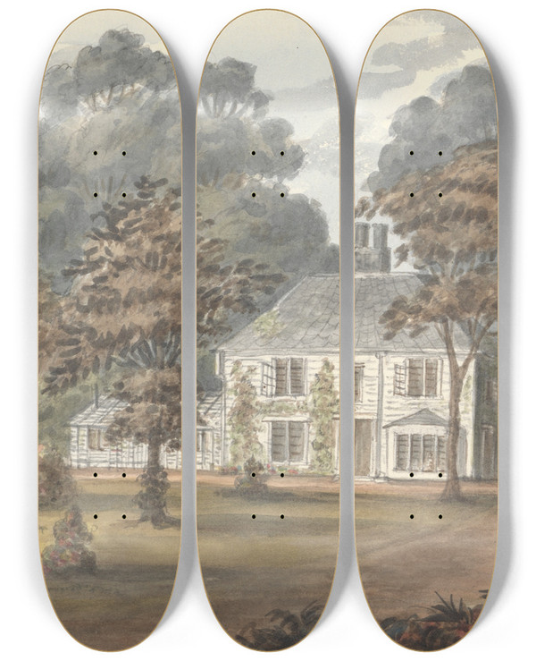 Triptych art skateboard deck of Anne Rushout Grove Cottage Wanstead by Anne Rushout (1767-1849)