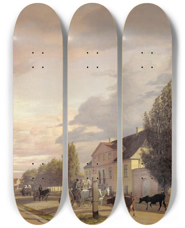 Triptych art skateboard deck of Christen Kbke View Of A Street In Sterbro Outside Copenhagen Morning Light by Christen Kobke (1810-1848)