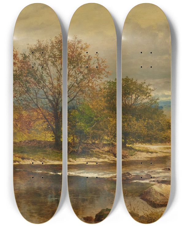 Triptych art skateboard deck of Benjamin Williams Leader A Trout Stream Anautumnafternoon On The Llugwy by Benjamin Williams Leader (1831-1923)