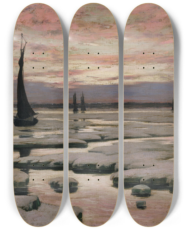 Triptych art skateboard deck of Birge Harrison Winter Sunset by Birge Harrison (1854-1929)
