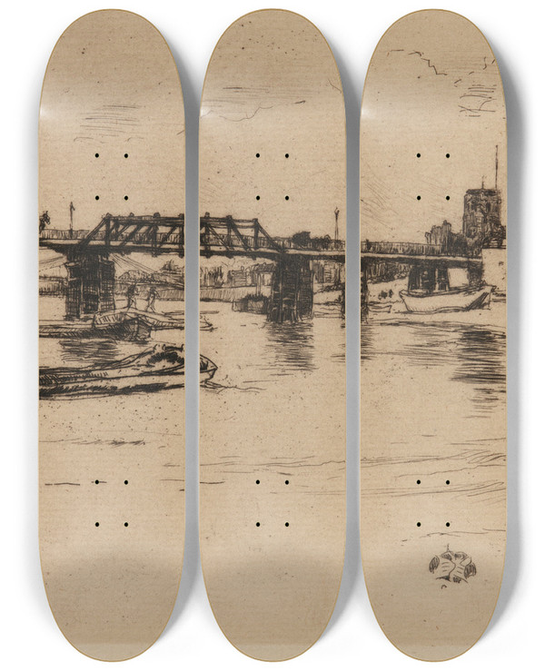 Triptych art skateboard deck of James Abbott Mcneill Whistler Chelsea by James Abbott Mcneill Whistler (1834-1903)