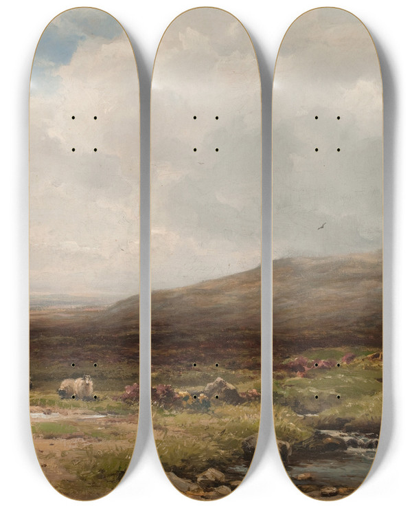 Triptych art skateboard deck of Wycliffe Egginton A Dorset Moorland by Wycliffe Egginton (1875-1951)