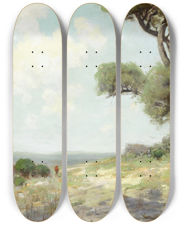 Triptych art skateboard deck of Julian Onderdonk In The Hills Southwest Texas by Julian Onderdonk (1882-1922)