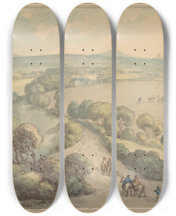 Triptych art skateboard deck of Thomas Rowlandson Landscape by Thomas Rowlandson (1756-1827)
