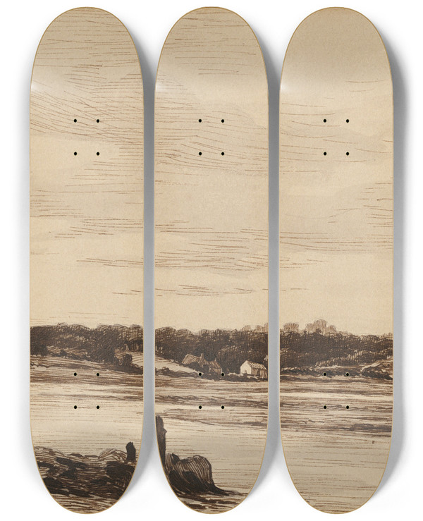 Triptych art skateboard deck of Thodore Rousseau The Loing River At The Edge Of The Forest Of Fontainebleau by Theodore Rousseau (1812-1867)