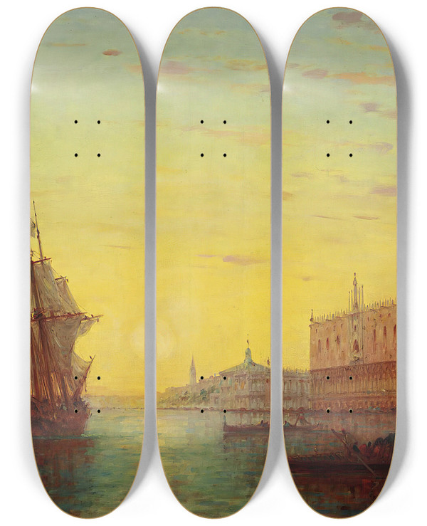Triptych art skateboard deck of Charles Clement Calderon View Of The Doges Palace Venice by Charles Clement Calderon (1870-1906)
