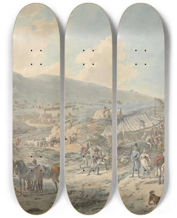 Triptych art skateboard deck of Dirk Langendijk A British Encampment by Dirk Langendijk (1748-1805)