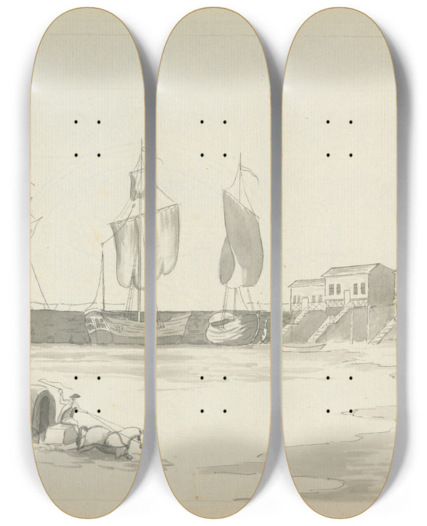 Triptych art skateboard deck of Edward Francis Burney Bathing Houses At Margate by Edward Francis Burney (1760-1848)