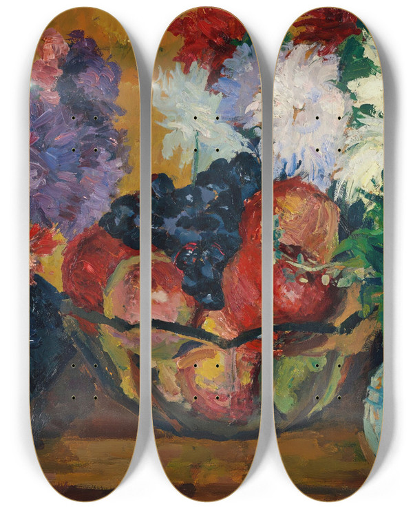 Triptych art skateboard deck of Giovanni Giacometti Stillleben Mit Astern Pfeln Und Trauben by Giovanni Giacometti (1868-1933)