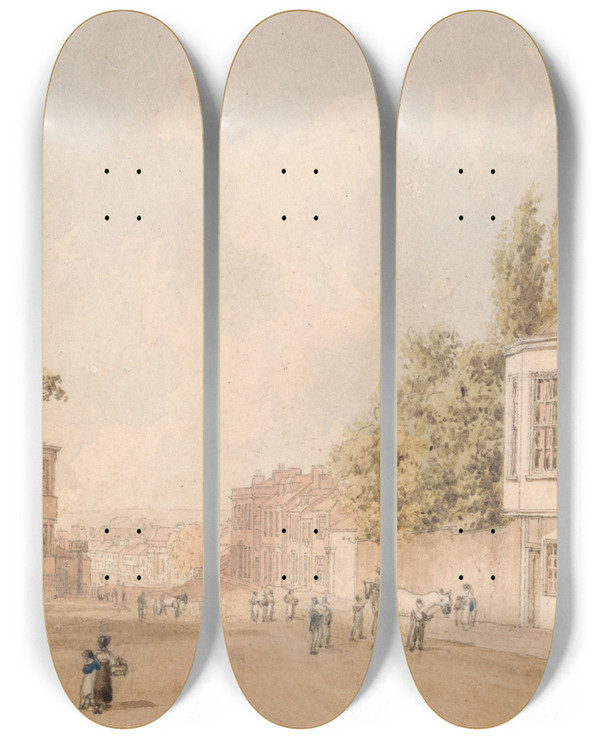 Triptych art skateboard deck of William Westall Entrance To Newmarket by William Westall