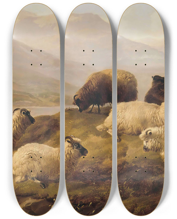 Triptych art skateboard deck of Thomas Sidney Cooper Sheep Resting In A Highland Landscape by Thomas Sidney Cooper (1803-1902)