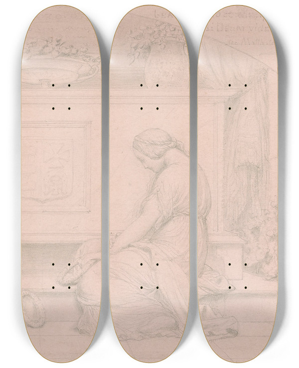 Triptych art skateboard deck of Paul Delaroche Mourners At A Tomb by Paul Delaroche (1797-1856)
