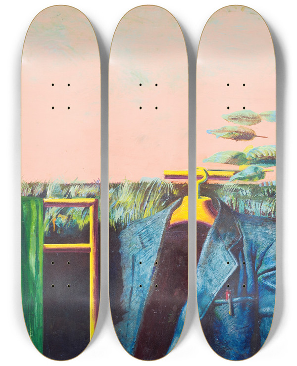 Triptych art skateboard deck of Tiit Psuke Open Landscape Ii by Tiit Paasuke (1941)