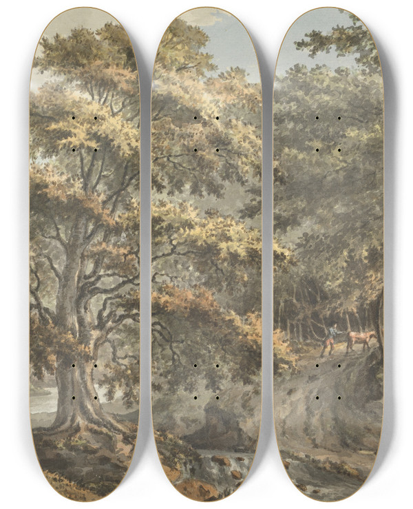Triptych art skateboard deck of William P Sherlock Landscape With River And Cattle Driver In Background by William P Sherlock (1780-1825)