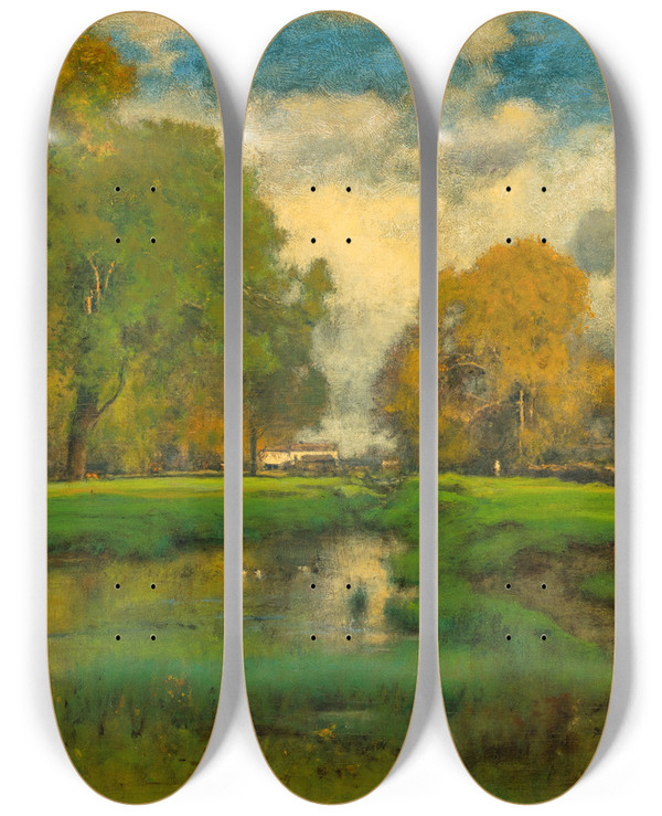 Triptych art skateboard deck of George Inness October by George Inness (1825-1894)