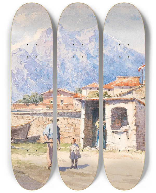 Triptych art skateboard deck of Fritz Lach Near Torbole by Fritz Lach (1868-1933)
