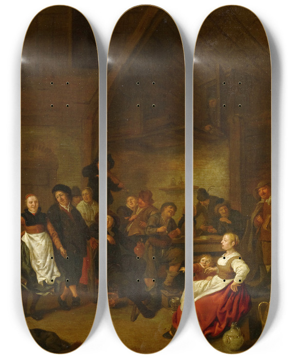 Triptych art skateboard deck of Jan Miense Molenaer Tavern Scene by Jan Miense Molenaer (1610-1668)