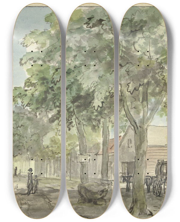 Triptych art skateboard deck of Jurriaan Andriessen Dorpsstraat In Lage Vuursche by Jurriaan Andriessen (1742-1819)