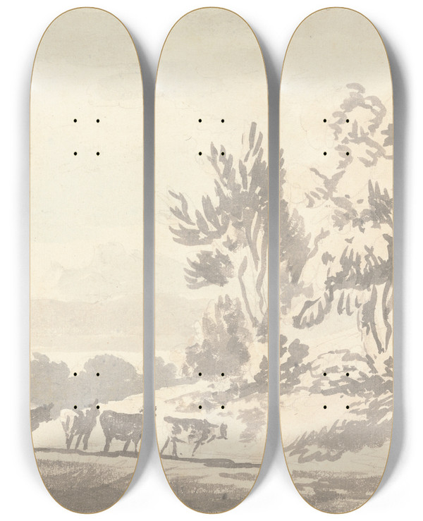 Triptych art skateboard deck of Anthony Devis Herdsman Driving Cattle by Anthony Devis (1729-1816)