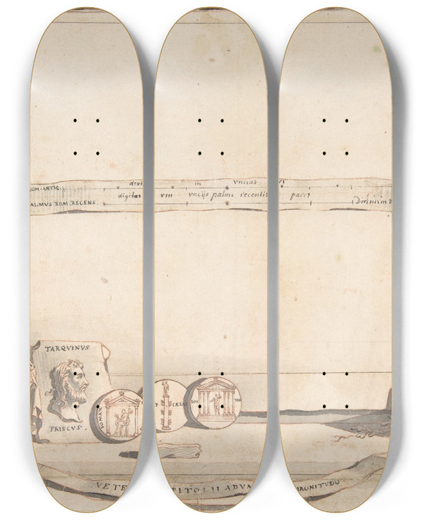 Triptych art skateboard deck of Jan Goeree Adumbration Of Capitoline Hill by Jan Goeree (1670-1731)
