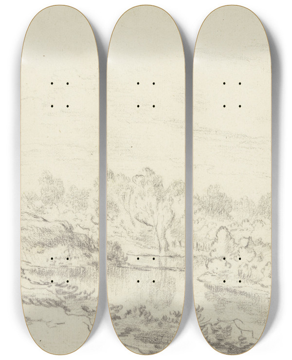 Triptych art skateboard deck of Jacob Van Ruisdael River Landscape_2 by Jacob Van Ruisdael (1628-1682)