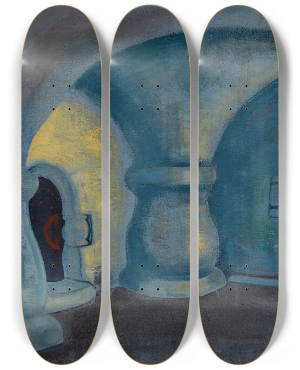 Triptych art skateboard deck of Nicolas Roerich Sadkos Chamber by Nicholas Roerich