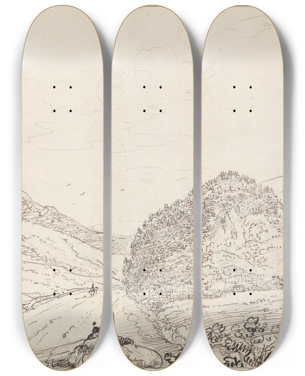 Triptych art skateboard deck of Thomas Hastings Helvellyn Great Howe And Raven Crag by Thomas Hastings (1778-1854)