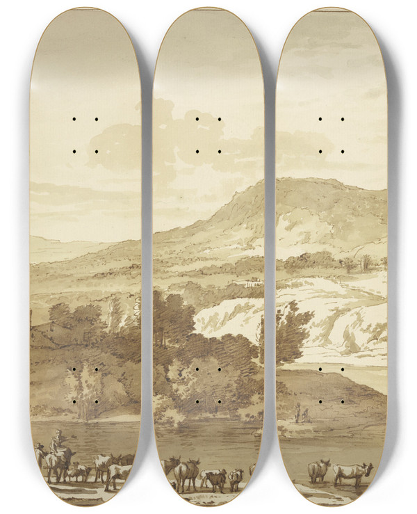 Triptych art skateboard deck of Jan Hulswit Flu Mit Herde Im Hintergrund Berge by Jan Hulswit (1766-1822)