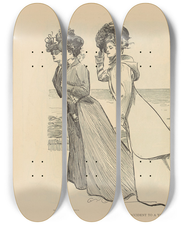 Triptych art skateboard deck of Charles Dana Gibson Accident To A Young Man With A Weak Heart_2 by Charles Dana Gibson (1867-1944)